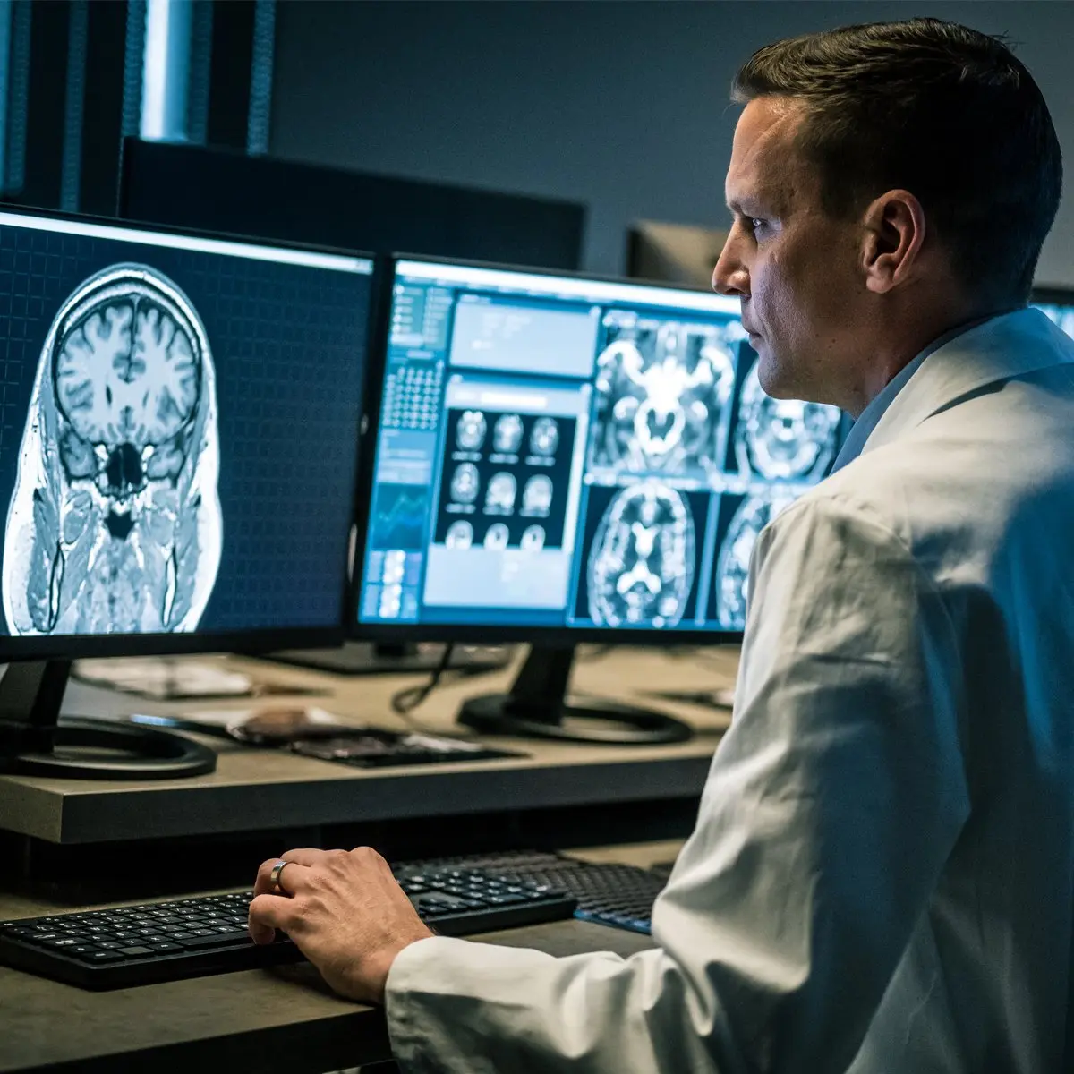 Conceptual image representing a radiologist attentively reading and analyzing medical scans.